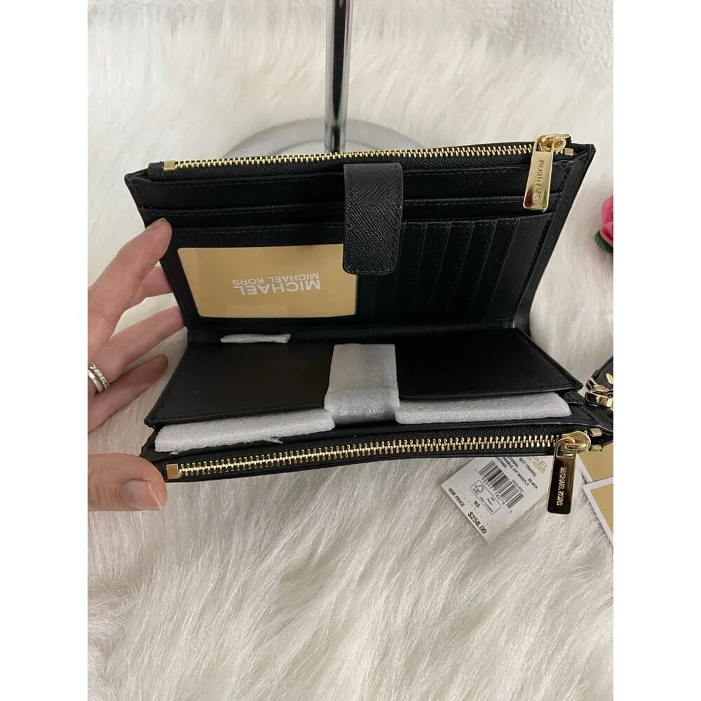 Michael Kors Saffiano Leather Double Zip Wallet Phone Case Wristlet Black Gold